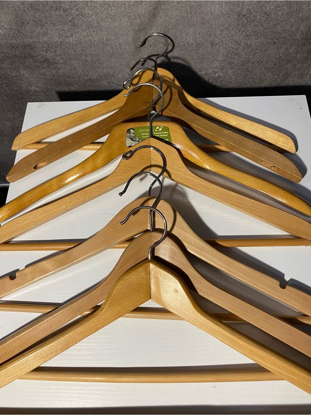 VTG Wooden Suit Hangers Natural Light Wood Finish Set of 7 / 2 Without Trouser
